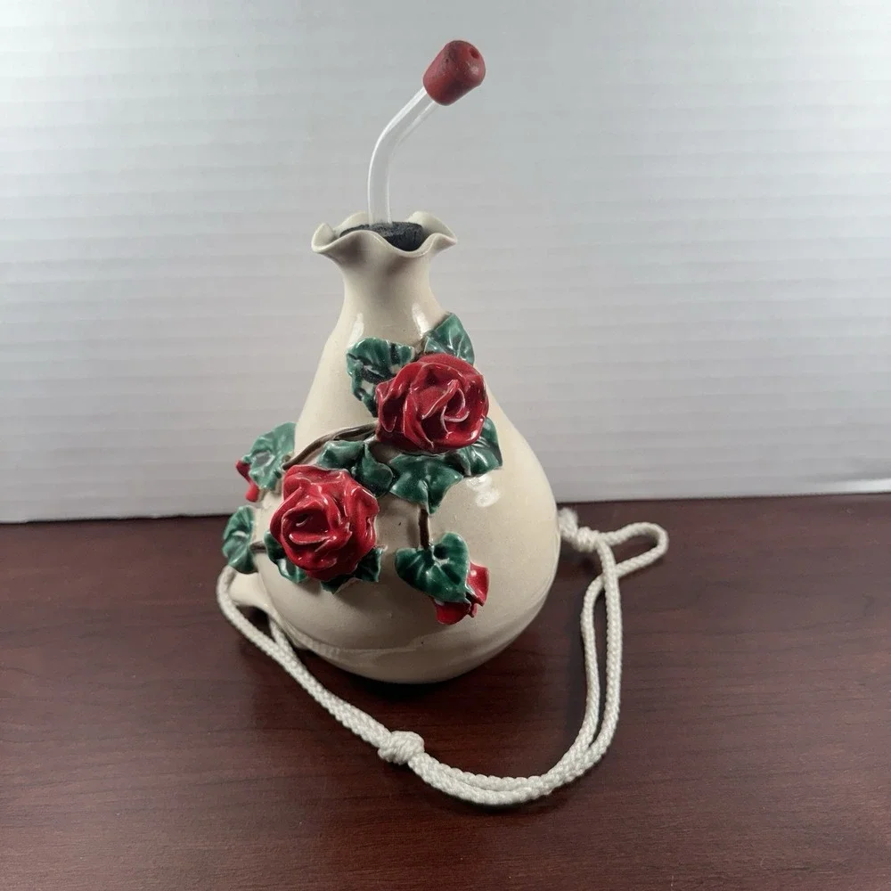 Vintage Artisan Signed 3D Rose Ceramic Hanging Hummingbird Nectar Feeder Beige